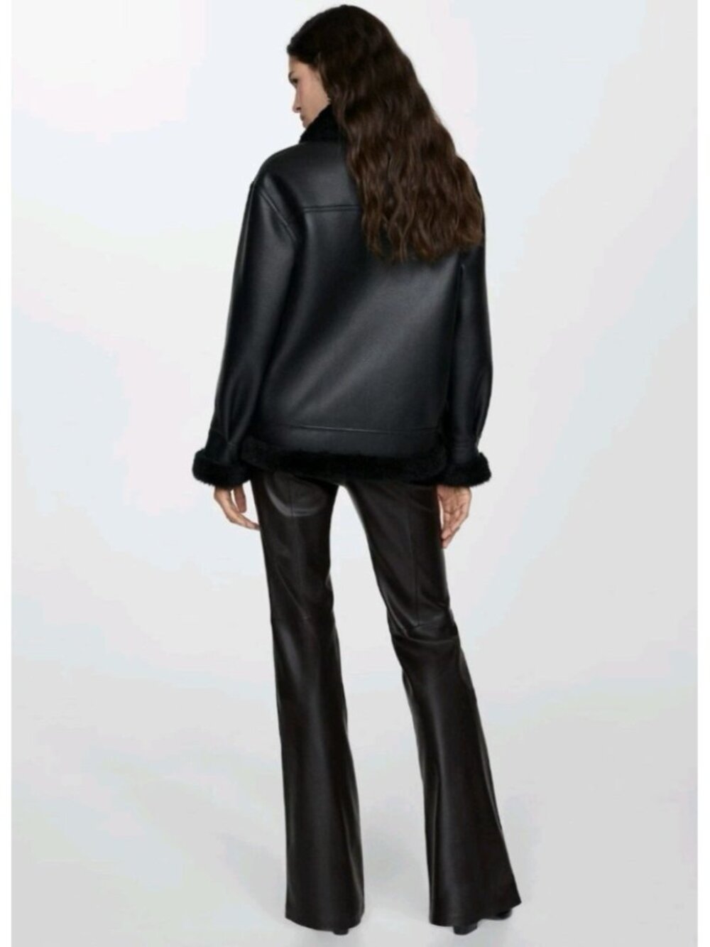 MNG Mango Faux Shearling Moto Jacket M Black Faux Leather Asymmetric Zip Biker - Picture 7 of 14
